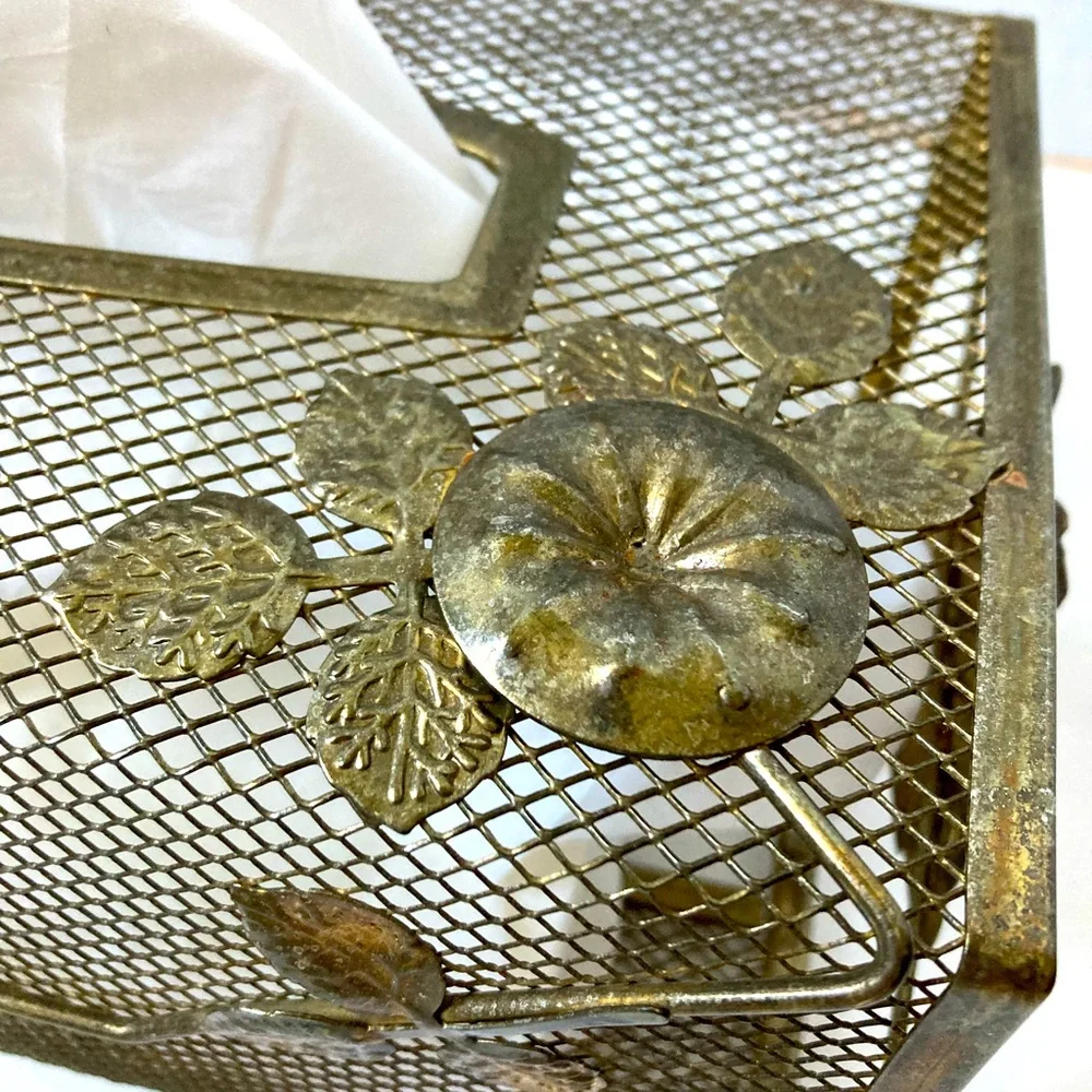 Midcentury Tissue Holder Cottagecore Gold Toned Mesh Ivy Flowers